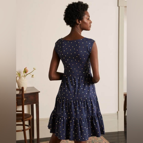 Brand new Boden Romaine Tiered Jersey Dress. Navy w/ Gold Polkadot, size 12 long - Picture 2 of 10